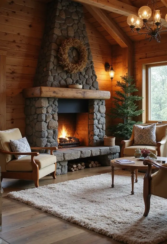 27 Chalet Living Room Ideas That Feel Cozy and Mountain Inspired - 10. Warm Fireplace Rugs