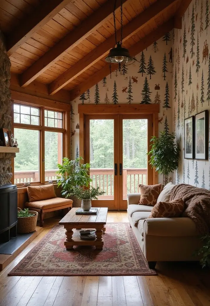 27 Chalet Living Room Ideas That Feel Cozy and Mountain Inspired - 12. Cozy Cabin-Inspired Wallpaper