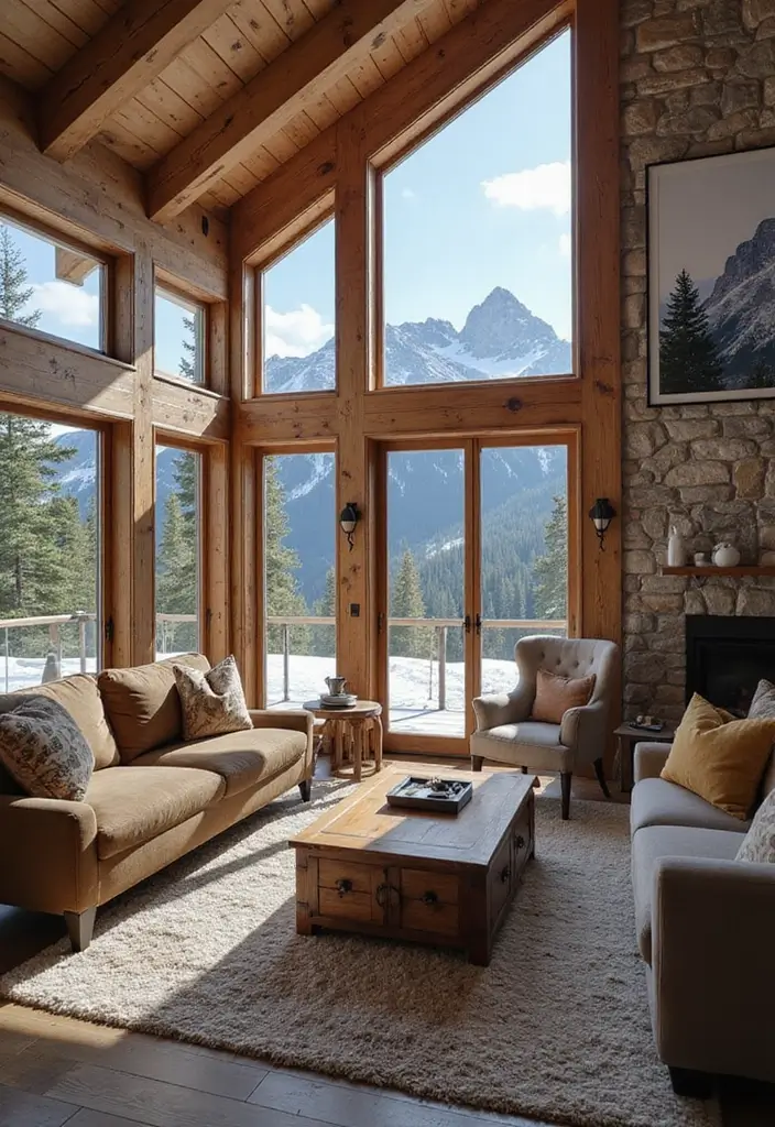 27 Chalet Living Room Ideas That Feel Cozy and Mountain Inspired - 13. Artistic Mountain Views