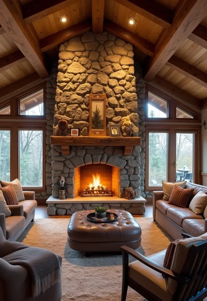 27 Chalet Living Room Ideas That Feel Cozy and Mountain Inspired - 2. Stone Fireplace Focal Point