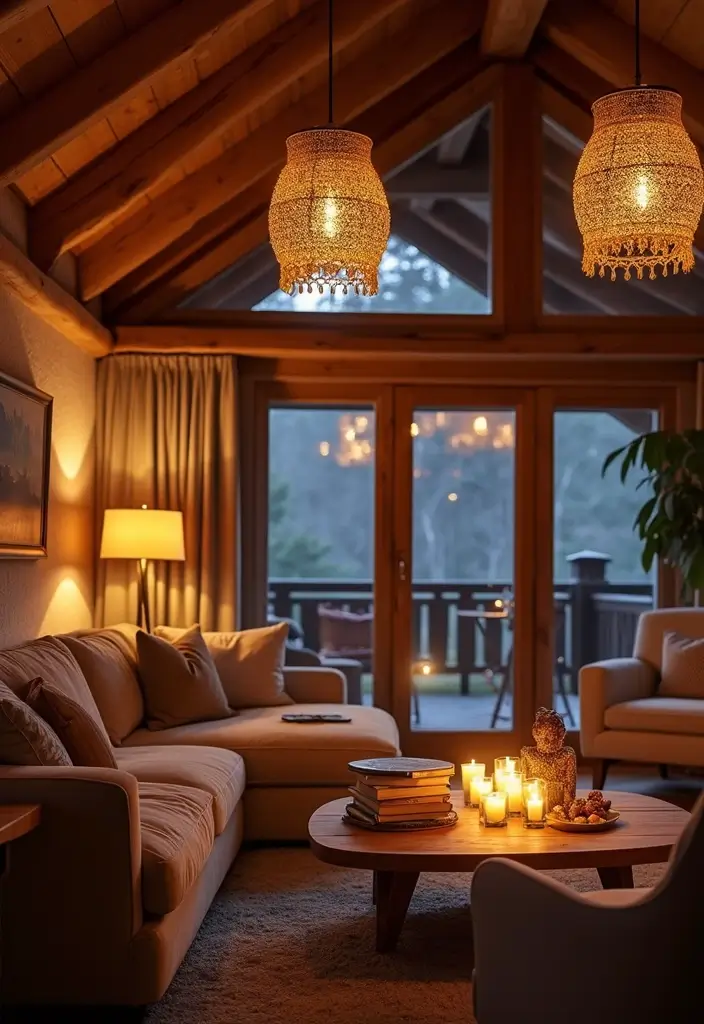 27 Chalet Living Room Ideas That Feel Cozy and Mountain Inspired - 7. Layered Lighting