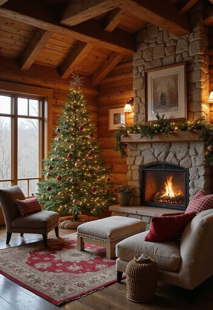 27 Christmas Decorated Living Room Ideas That Feel Magical - 1. Rustic Cabin Retreat
