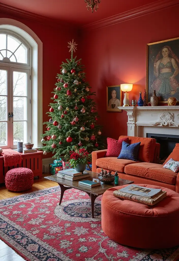 27 Christmas Decorated Living Room Ideas That Feel Magical - 17. Bold Color Statements