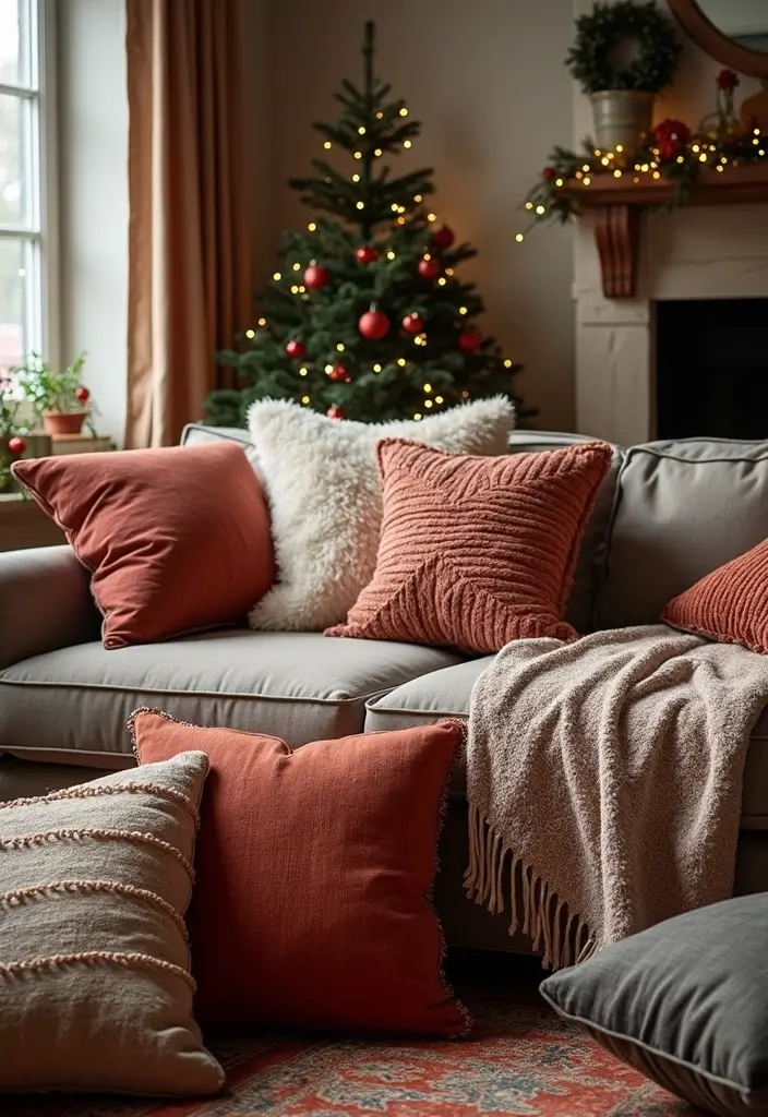 27 Christmas Decorated Living Room Ideas That Feel Magical - 2. Cozy Throw Pillows Galore