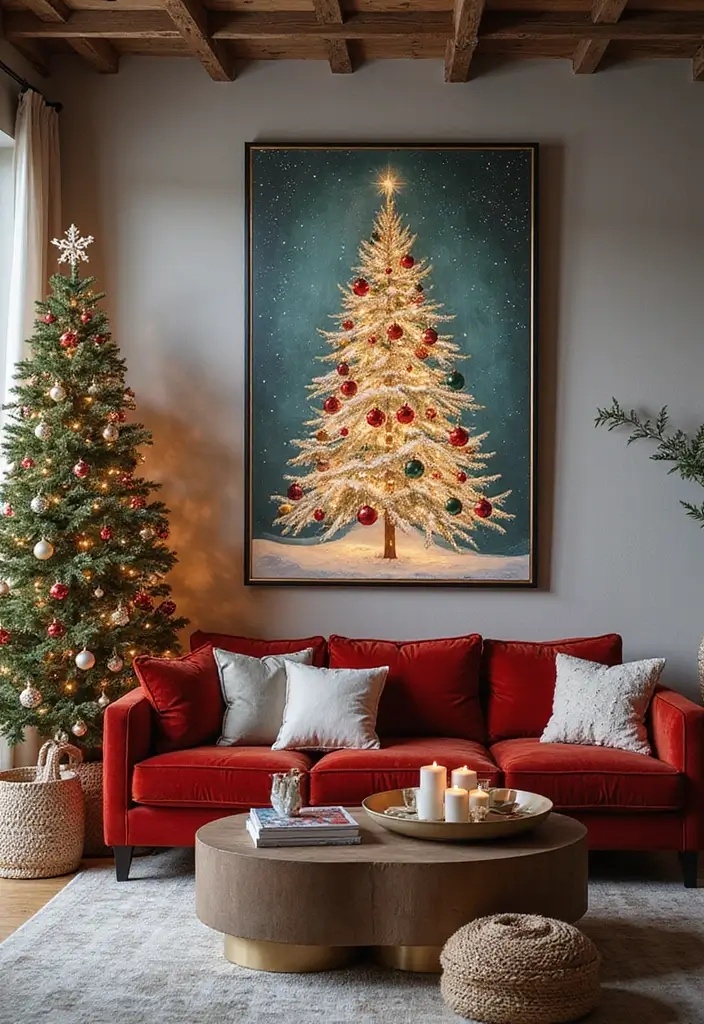 27 Christmas Decorated Living Room Ideas That Feel Magical - 23. Statement Holiday Artwork