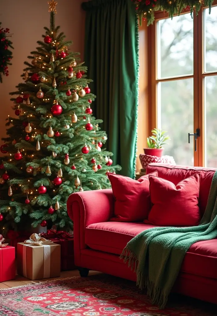 27 Christmas Decorated Living Room Ideas That Feel Magical - 8. Classic Red and Green