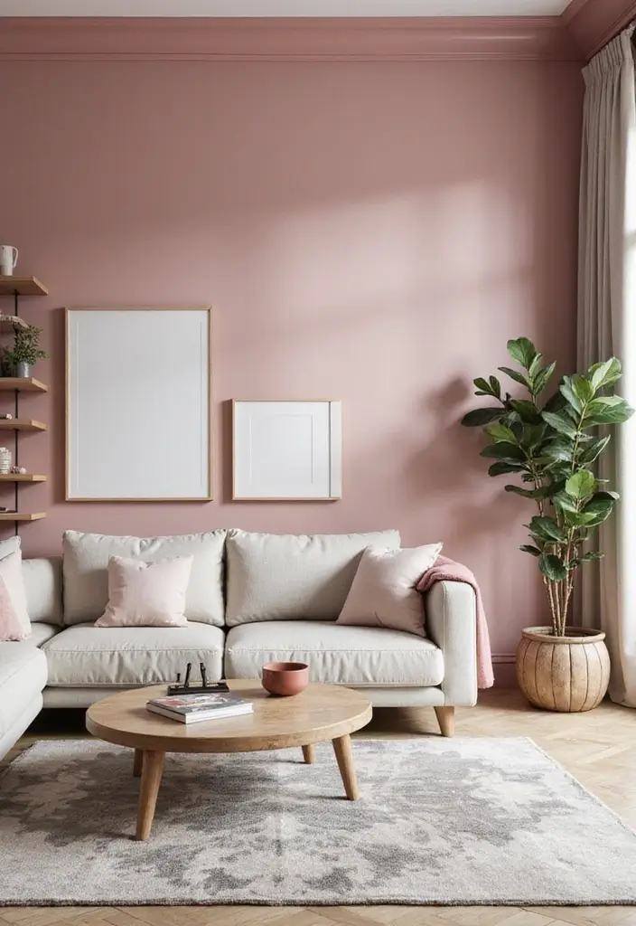 27 Dusty Rose Living Room Ideas That Add Warm Softness - 1. Dusty Rose Accent Wall