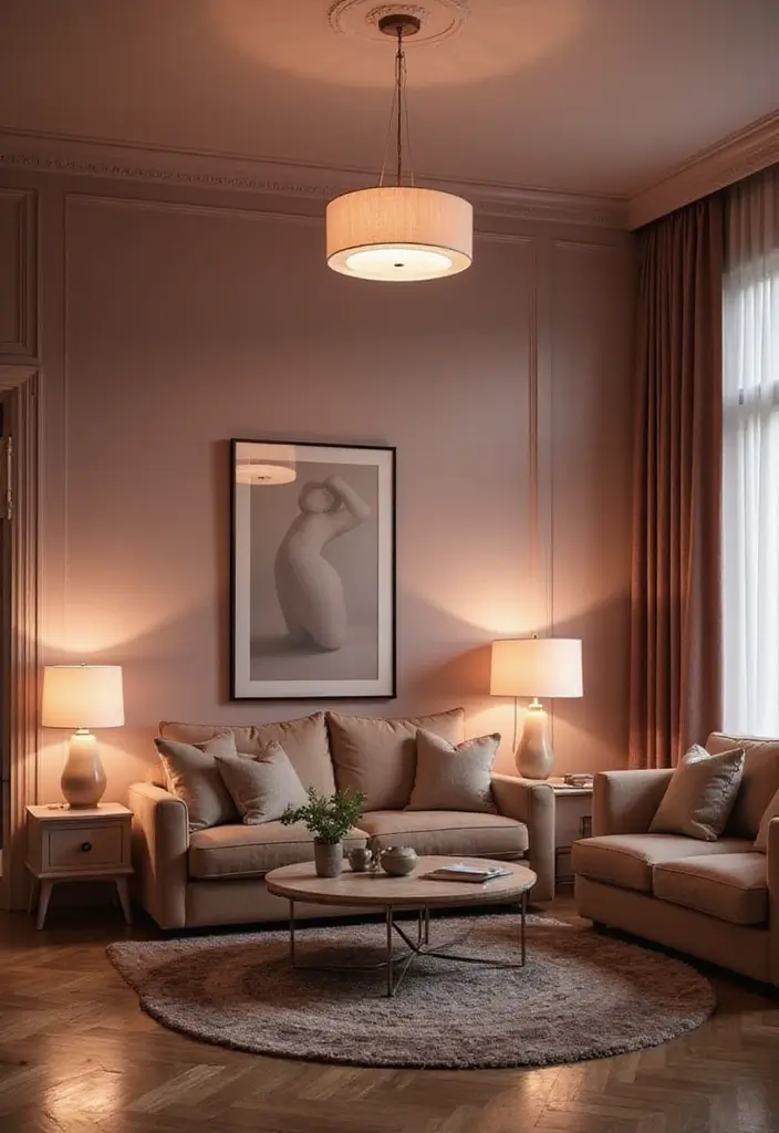 27 Dusty Rose Living Room Ideas That Add Warm Softness - 10. Dusty Rose Lighting Fixtures