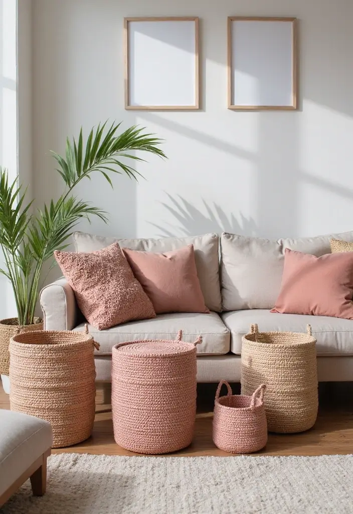 27 Dusty Rose Living Room Ideas That Add Warm Softness - 13. Dusty Rose Decorative Baskets