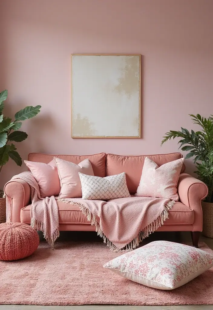 27 Dusty Rose Living Room Ideas That Add Warm Softness - 15. Dusty Rose Throw Pillows with Patterns