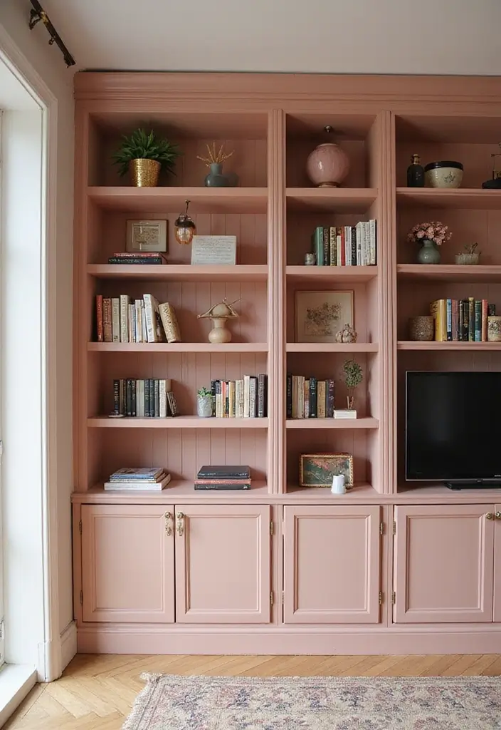 27 Dusty Rose Living Room Ideas That Add Warm Softness - 17. Dusty Rose Bookcases