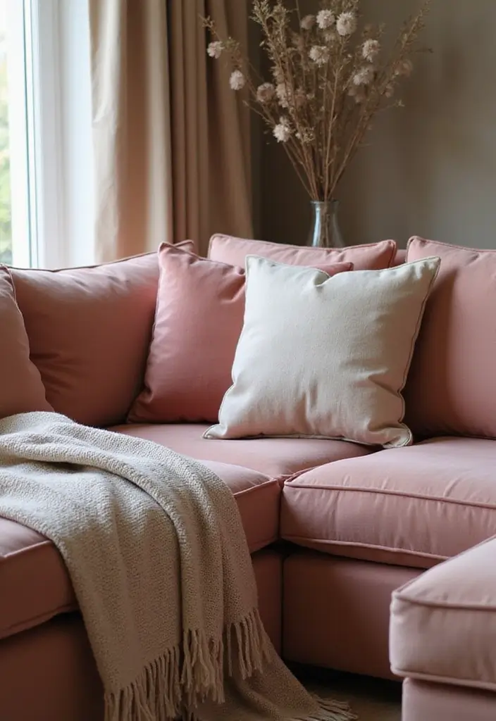 27 Dusty Rose Living Room Ideas That Add Warm Softness - 2. Dusty Rose Sofa