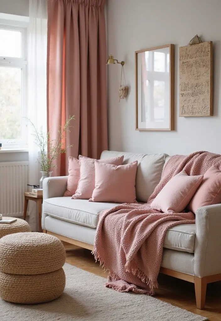 27 Dusty Rose Living Room Ideas That Add Warm Softness - 22. Dusty Rose Textiles