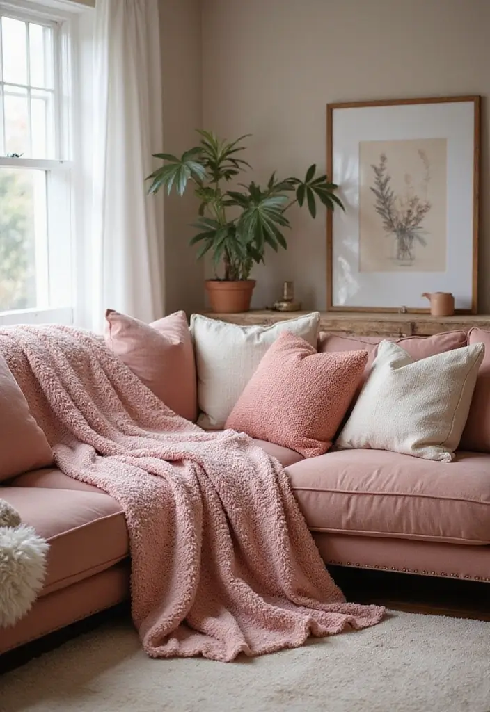 27 Dusty Rose Living Room Ideas That Add Warm Softness - 24. Dusty Rose Throws in Unique Textures