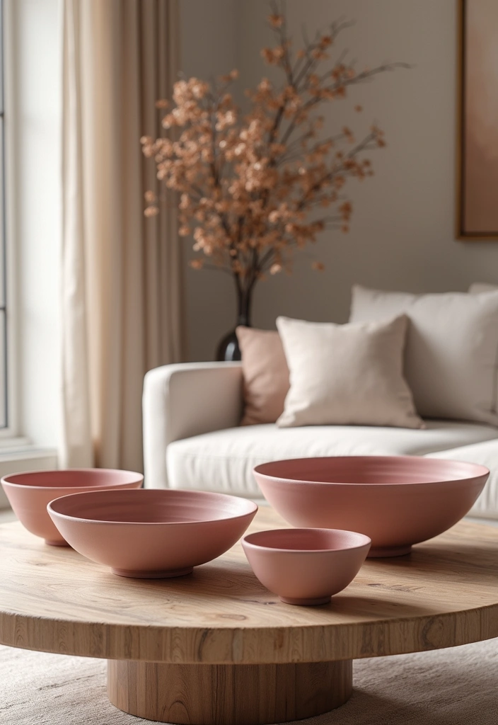 27 Dusty Rose Living Room Ideas That Add Warm Softness - 25. Dusty Rose Decorative Bowls