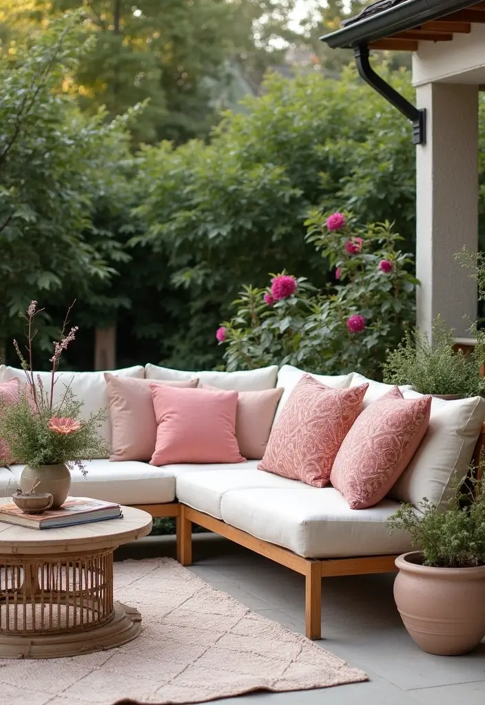 27 Dusty Rose Living Room Ideas That Add Warm Softness - 26. Dusty Rose Garden Accents