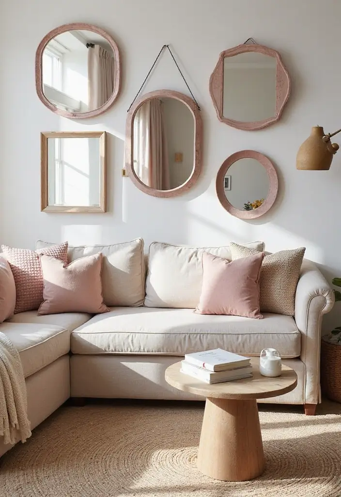 27 Dusty Rose Living Room Ideas That Add Warm Softness - 27. Dusty Rose Wall Mirrors