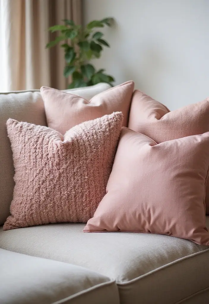 27 Dusty Rose Living Room Ideas That Add Warm Softness - 3. Dusty Rose Pillows