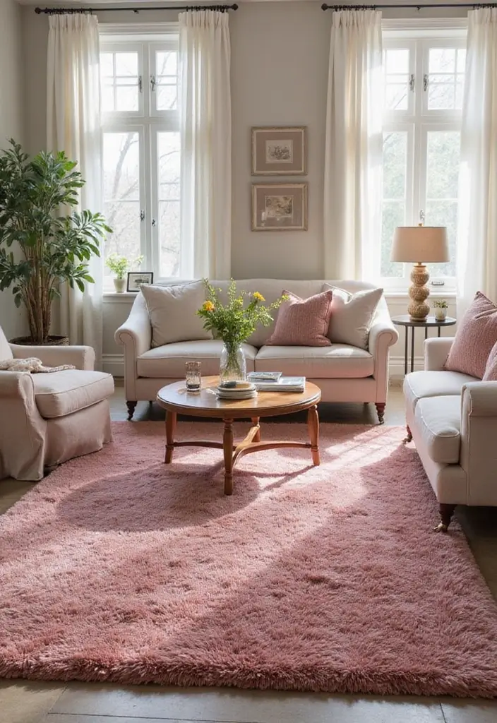27 Dusty Rose Living Room Ideas That Add Warm Softness - 4. Dusty Rose Rugs