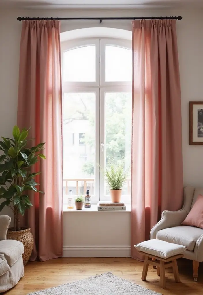 27 Dusty Rose Living Room Ideas That Add Warm Softness - 5. Dusty Rose Curtains