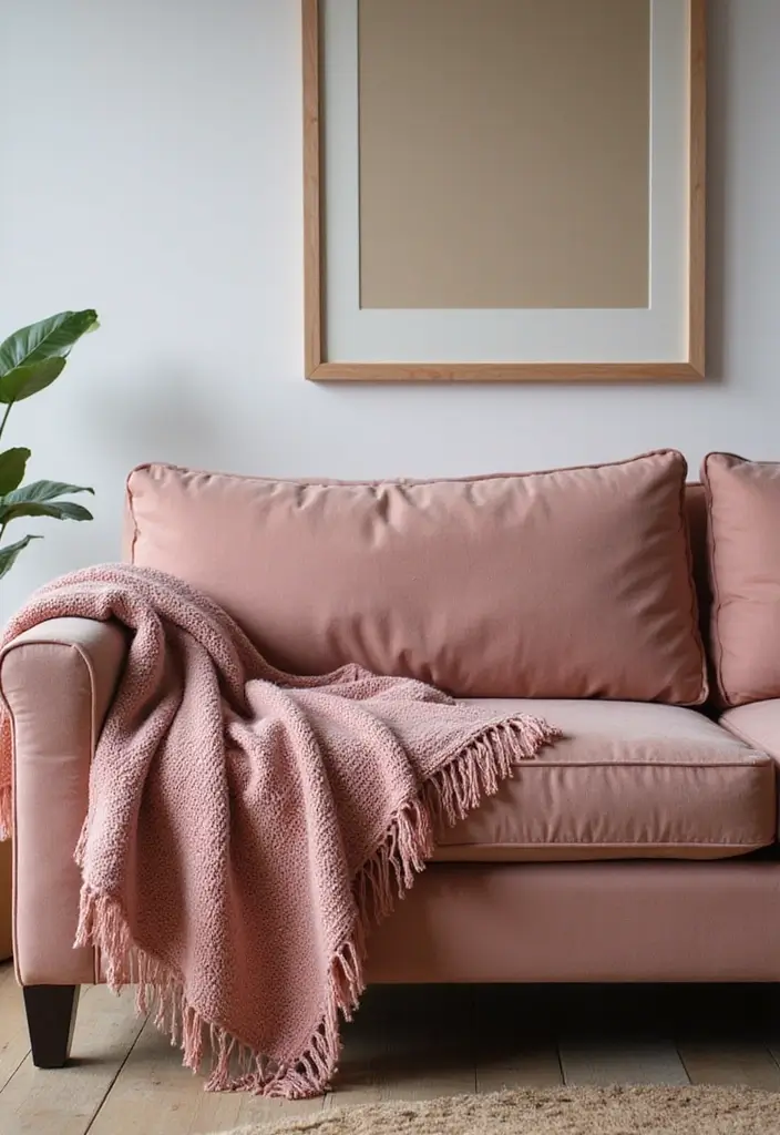 27 Dusty Rose Living Room Ideas That Add Warm Softness - 7. Dusty Rose Throws