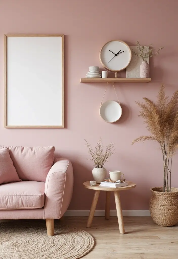 27 Dusty Rose Living Room Ideas That Add Warm Softness - 9. Dusty Rose Wall Decor