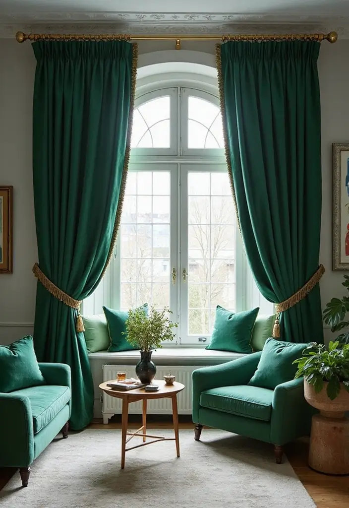 27 Emerald Green and Gold Living Room Ideas That Feel Rich and Luxurious - 11. Bold Curtains
