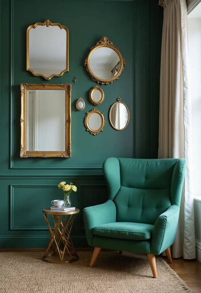 27 Emerald Green and Gold Living Room Ideas That Feel Rich and Luxurious - 12. Decorative Mirrors