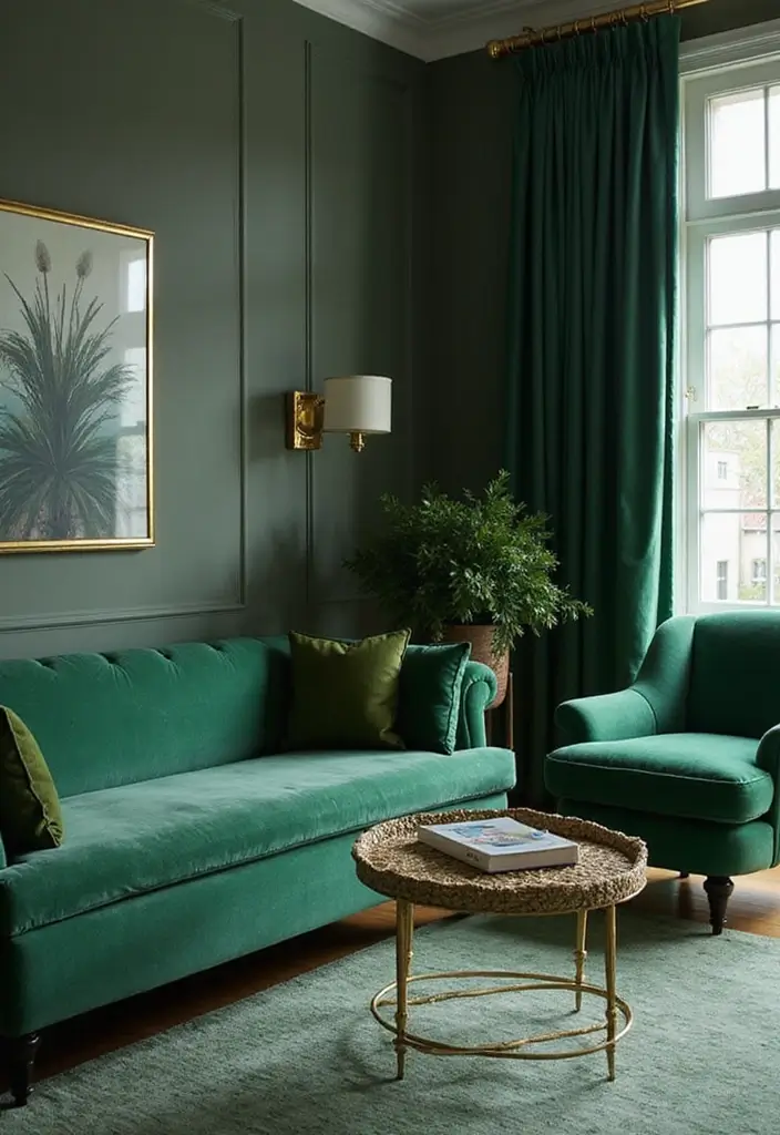 27 Emerald Green and Gold Living Room Ideas That Feel Rich and Luxurious - 13. Gold Furniture Hardware