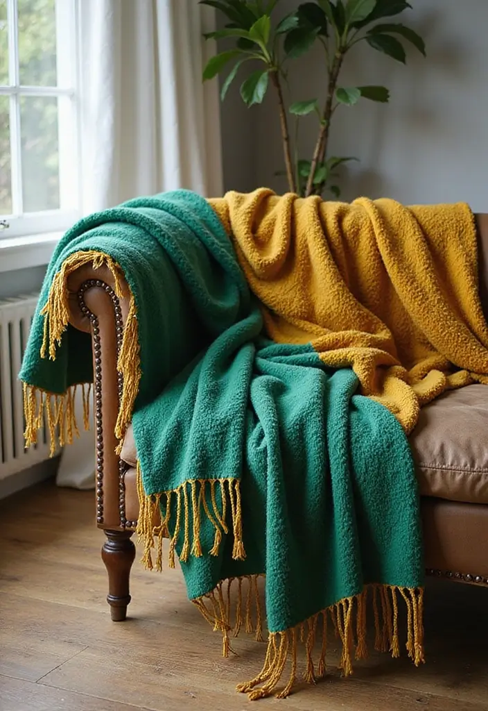 27 Emerald Green and Gold Living Room Ideas That Feel Rich and Luxurious - 14. Colorful Throw Blankets