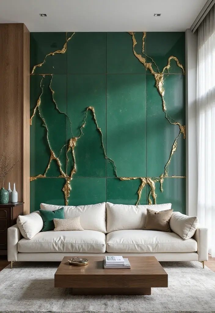 27 Emerald Green and Gold Living Room Ideas That Feel Rich and Luxurious - 15. Artistic Wall Installations