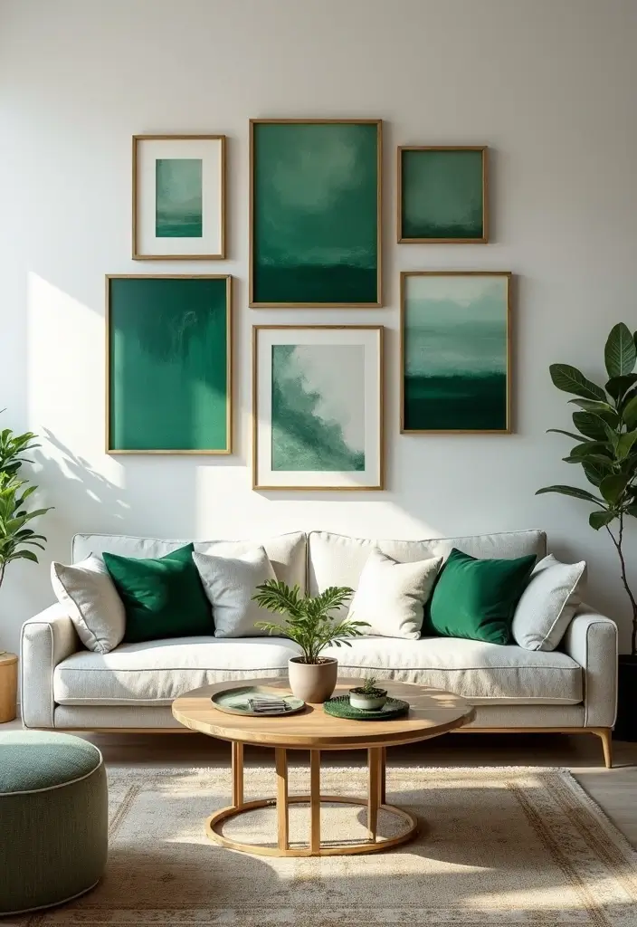 27 Emerald Green and Gold Living Room Ideas That Feel Rich and Luxurious - 16. Layered Artwork