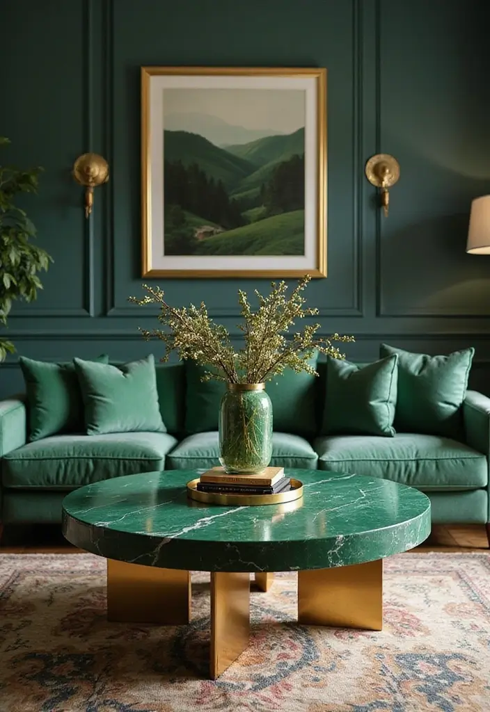 27 Emerald Green and Gold Living Room Ideas That Feel Rich and Luxurious - 17. Luxurious Coffee Table