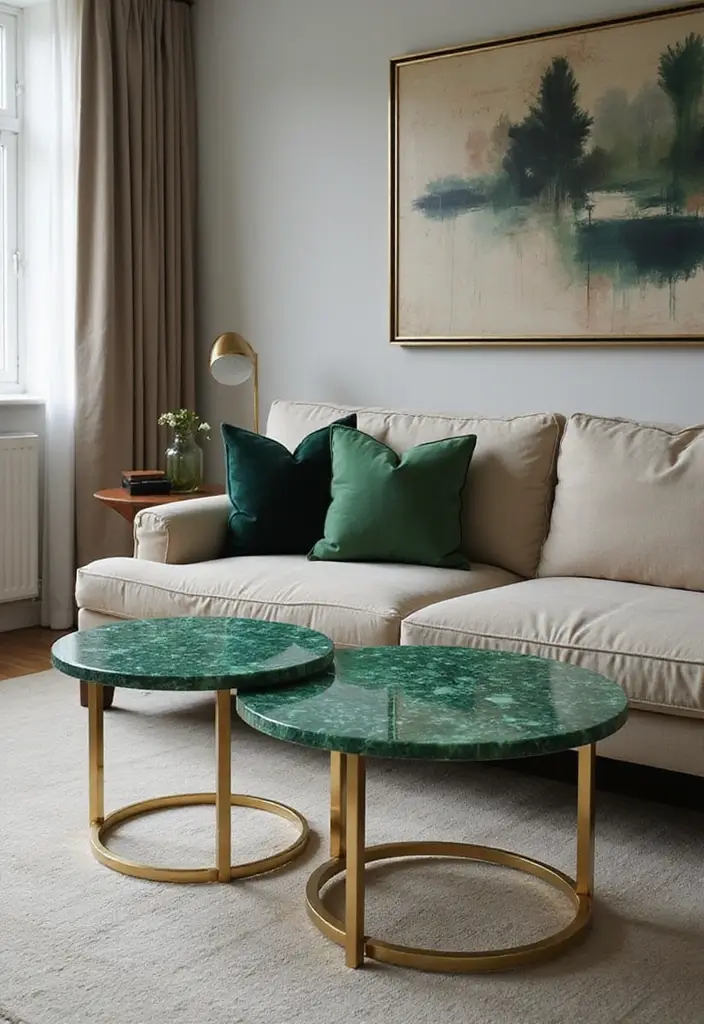 27 Emerald Green and Gold Living Room Ideas That Feel Rich and Luxurious - 18. Chic Side Tables