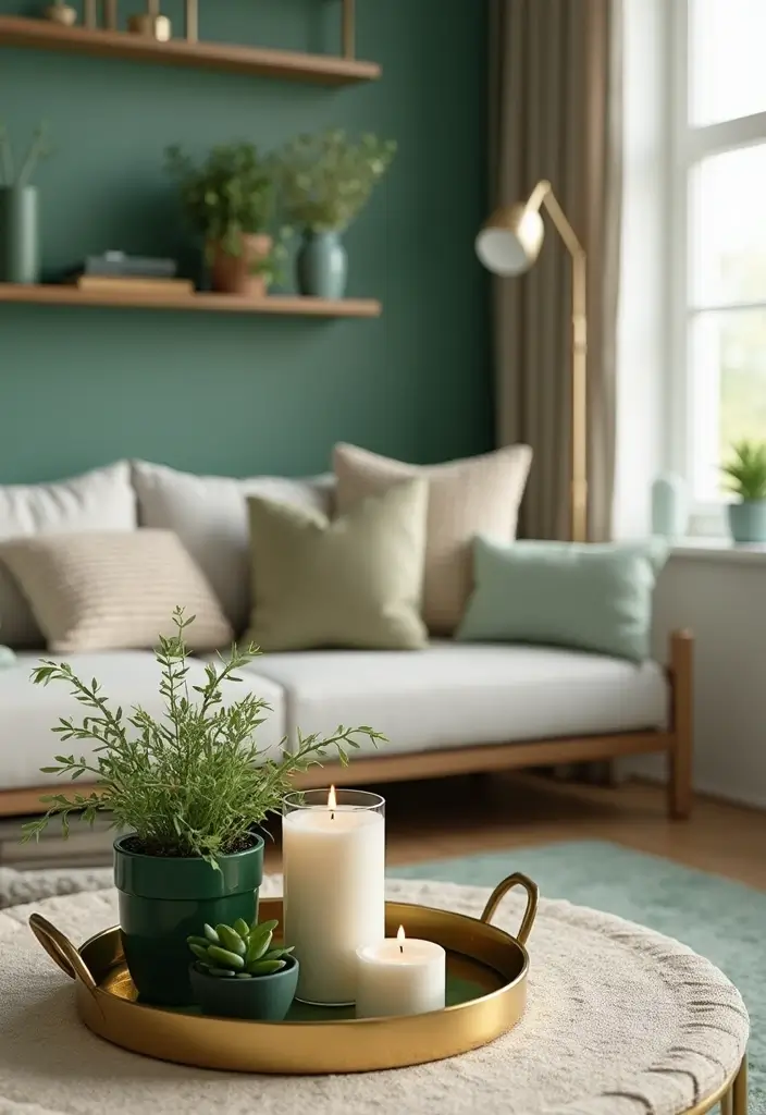 27 Emerald Green and Gold Living Room Ideas That Feel Rich and Luxurious - 19. Decorative Trays