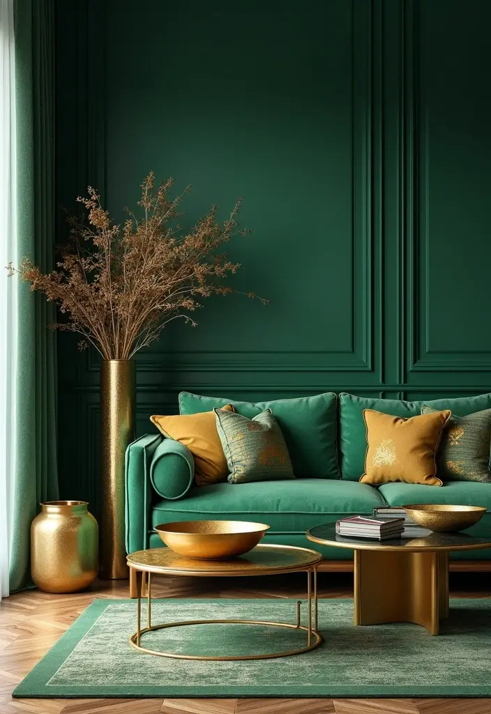 27 Emerald Green and Gold Living Room Ideas That Feel Rich and Luxurious - 2. Gold Leaf Decor