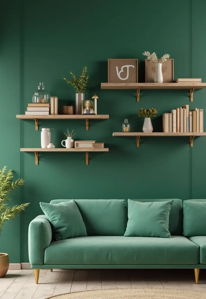27 Emerald Green and Gold Living Room Ideas That Feel Rich and Luxurious - 20. Creative Wall Shelves