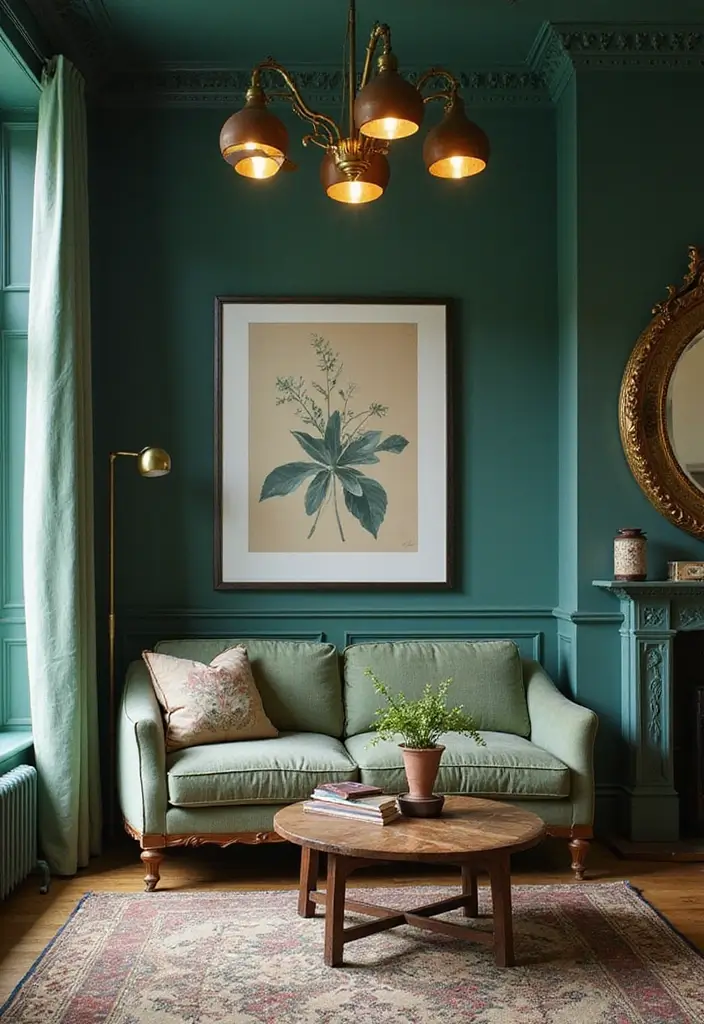 27 Emerald Green and Gold Living Room Ideas That Feel Rich and Luxurious - 21. Vintage-inspired Light Fixtures