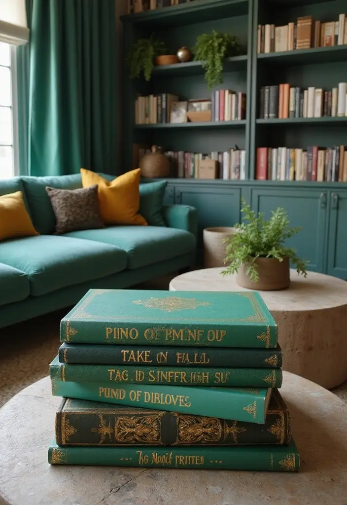 27 Emerald Green and Gold Living Room Ideas That Feel Rich and Luxurious - 23. Gold and Emerald Decorative Books