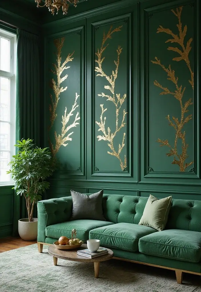 27 Emerald Green and Gold Living Room Ideas That Feel Rich and Luxurious - 24. Incorporating Gold Leaf Walls