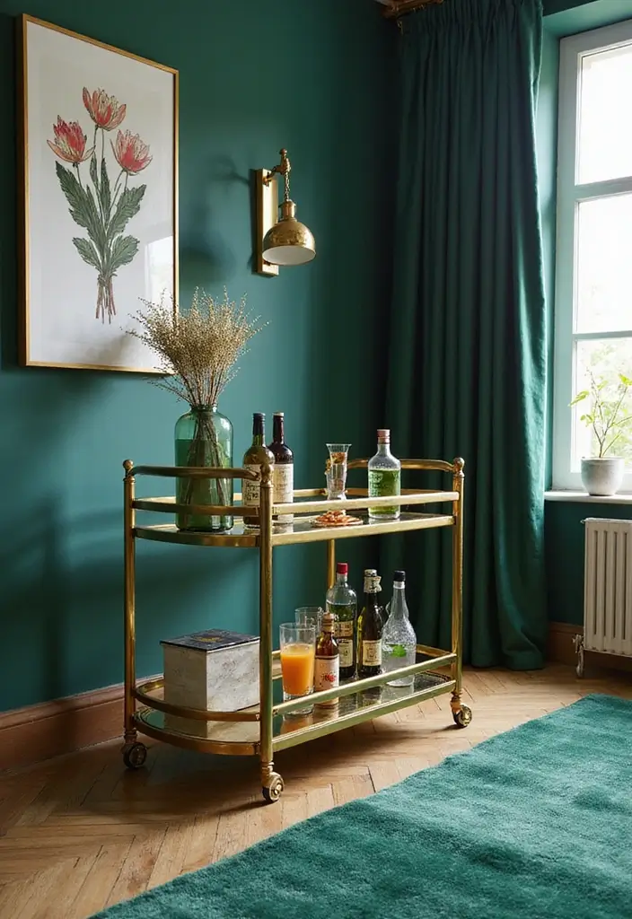 27 Emerald Green and Gold Living Room Ideas That Feel Rich and Luxurious - 25. Stylish Bar Carts