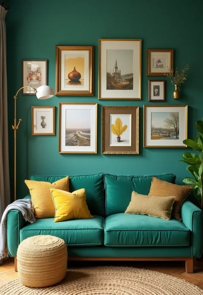 27 Emerald Green and Gold Living Room Ideas That Feel Rich and Luxurious - 26. Eclectic Gallery Wall