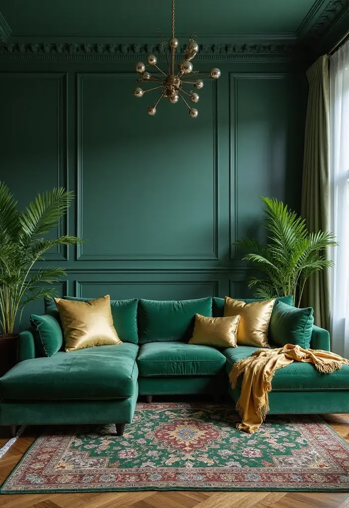 27 Emerald Green and Gold Living Room Ideas That Feel Rich and Luxurious - 3. Luxe Textiles