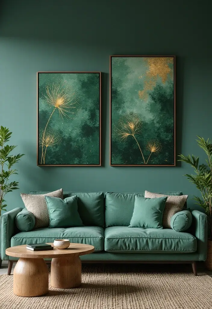 27 Emerald Green and Gold Living Room Ideas That Feel Rich and Luxurious - 5. Emerald Green Art