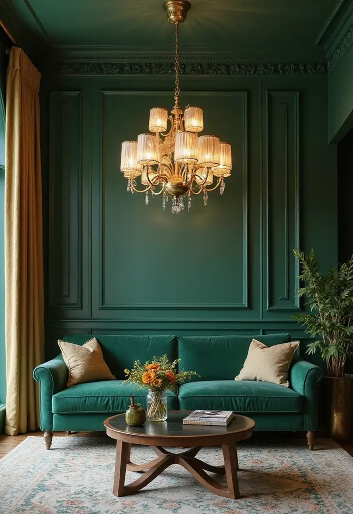 27 Emerald Green and Gold Living Room Ideas That Feel Rich and Luxurious - 6. Statement Lighting