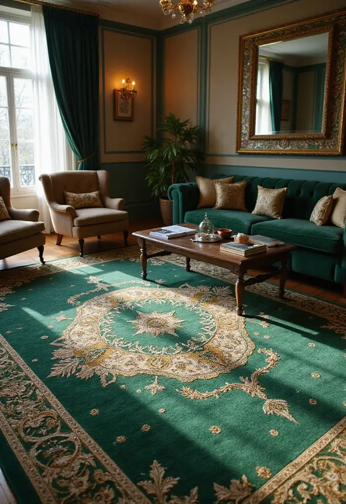 27 Emerald Green and Gold Living Room Ideas That Feel Rich and Luxurious - 7. Elegant Rugs