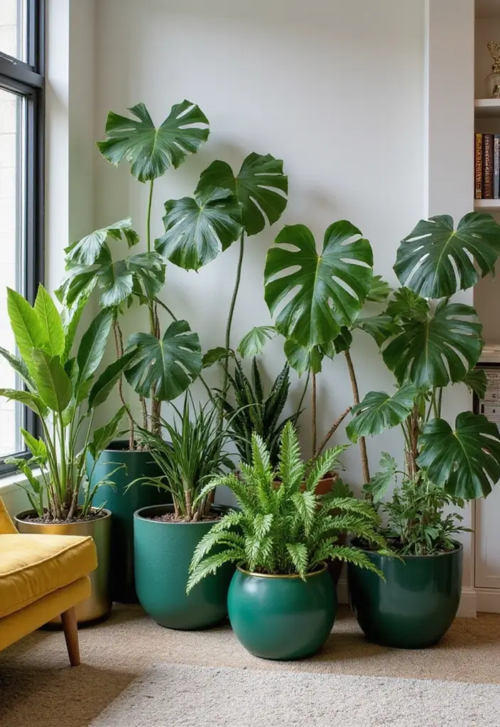 27 Emerald Green and Gold Living Room Ideas That Feel Rich and Luxurious - 9. Layered Greenery