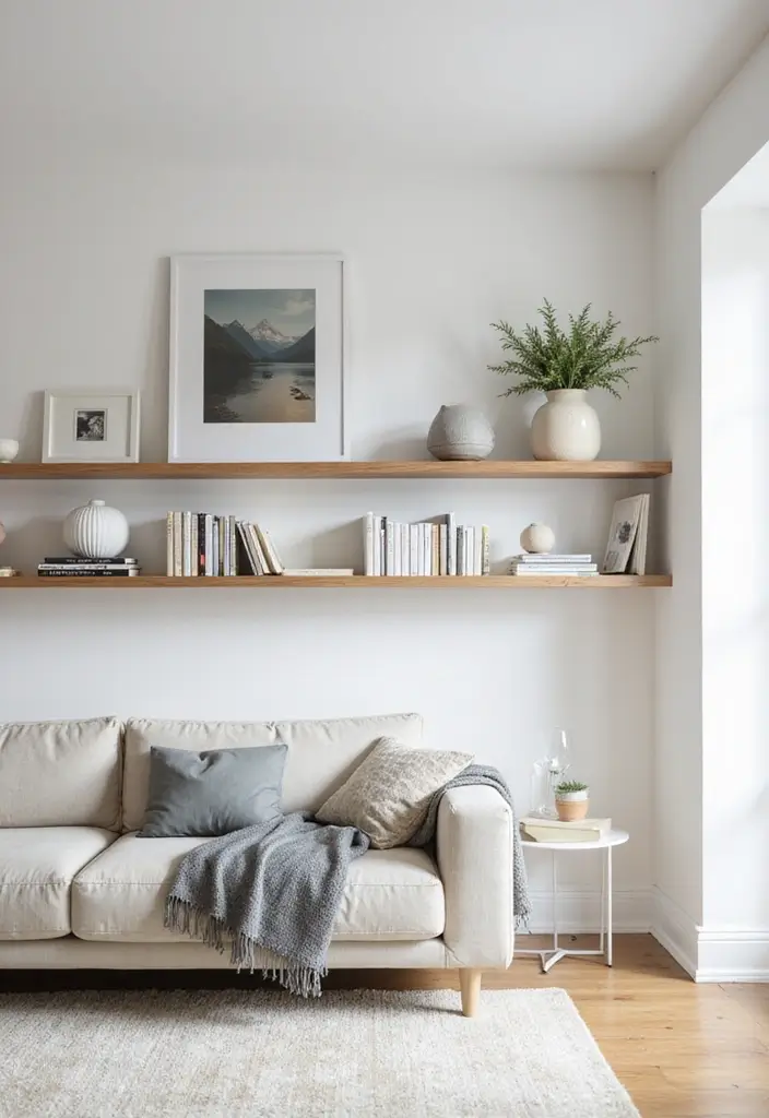 27 Feminine Living Room Decor Ideas That Feel Soft and Modern - 11. Minimalist Shelving