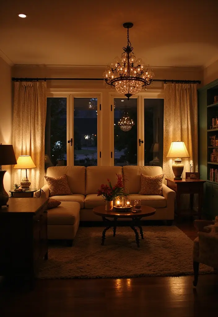 27 Feminine Living Room Decor Ideas That Feel Soft and Modern - 14. Layered Lighting