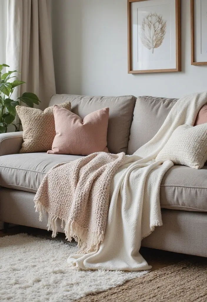 27 Feminine Living Room Decor Ideas That Feel Soft and Modern - 3. Cozy Textiles